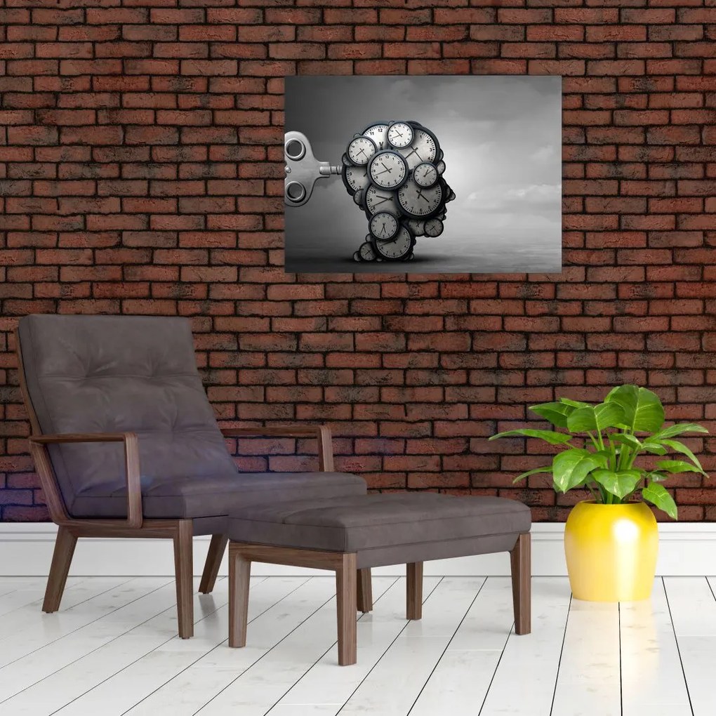 Tablou pe sticlă artistic cu cu cap și ceas (70x50 cm)