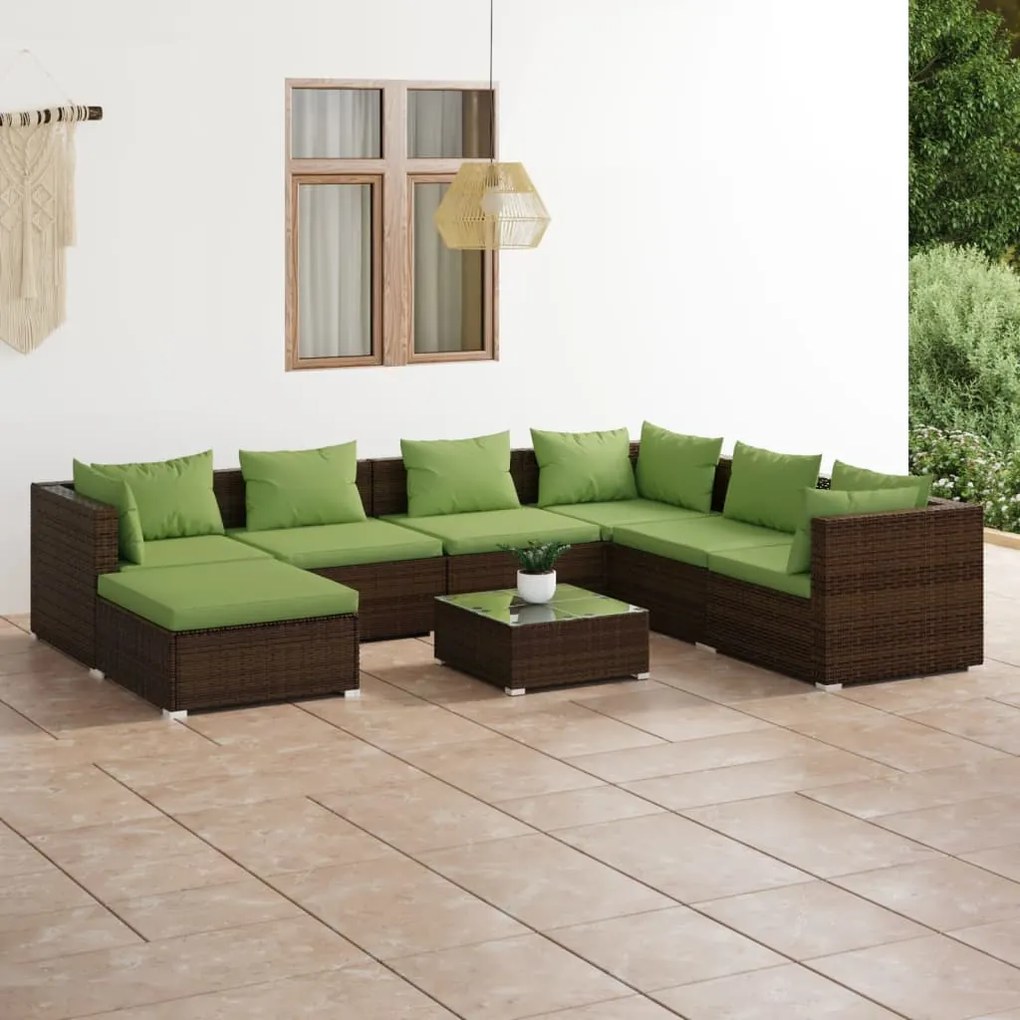 Set mobilier de gradina cu perne, 8 piese, maro, poliratan maro si verde, 3x colt + 3x mijloc + suport pentru picioare + masa, 1