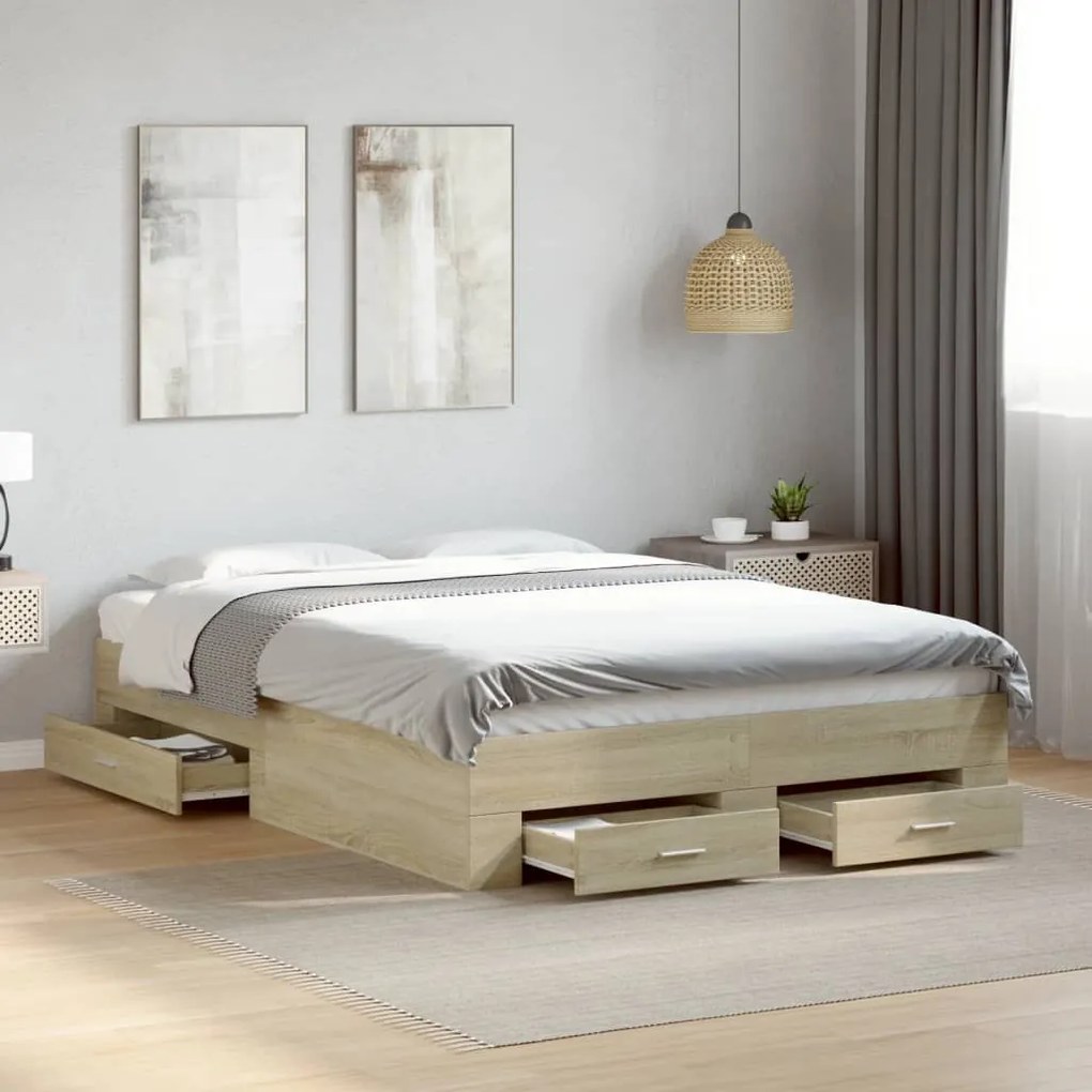 vidaXL Cadru de pat cu sertare stejar sonoma 140x190 cm lemn prelucrat