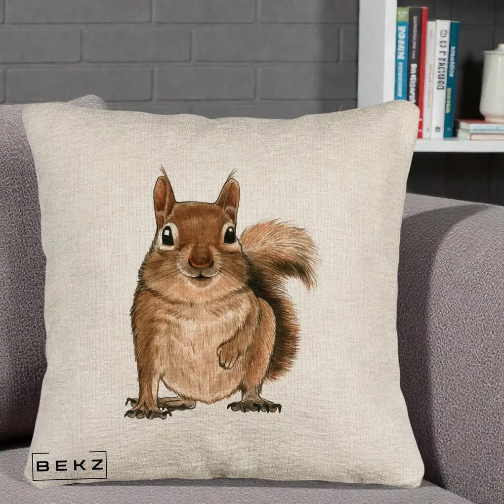 Perna Decorativa Veverita Acuarela, 40x40 cm, Bej Canapea, Husa Detasabila, Perna Inclusa, BEKZ®