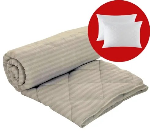 Set pilota iarna, umplutura lana, material damasc policoton, 200x220cm, matlasata, bej, Pucioasa cu 2 perne, matlasate, antialergice, 50x70cm, albe, Pucioasa