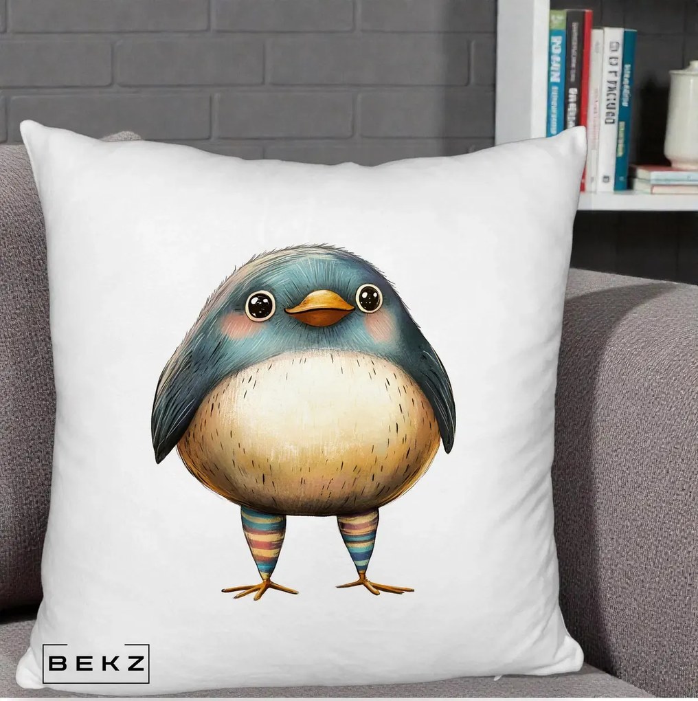 Perna Decorativa Pasare Teal-Bej cu Sosete Curcubeu, 40x40 cm, Alb Pufos, Husa Detasabila, Perna Inclusa, BEKZ®