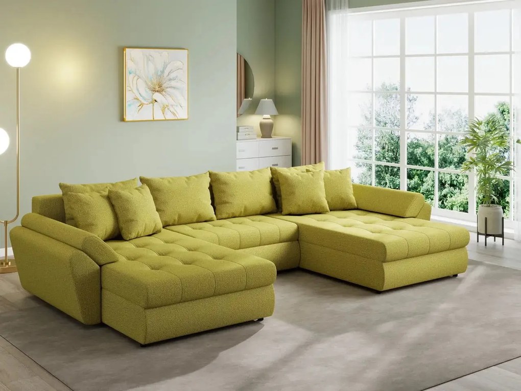 Colțar extensibil dumonde cu ladă de depozitare si sezut confortabil din spuma high-density, Loana U Enjoy Green 355x185 cm