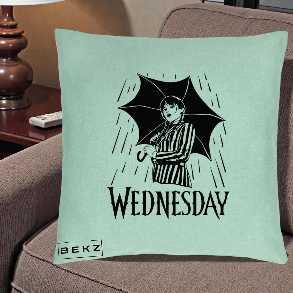 Perna Personalizata Wednesday cu Umbrela Ploaie Lineart, 40x40 cm, Verde Menta, Husa Detasabila, Perna Inclusa, BEKZ®