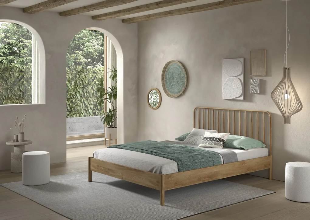 Pat dublu OLIVE, 160 x 200 cm, cu tăblie cu lamele rotunjite și aspect lemn de stejar, design modern, fără somieră inclusă, cu noptieră cu două