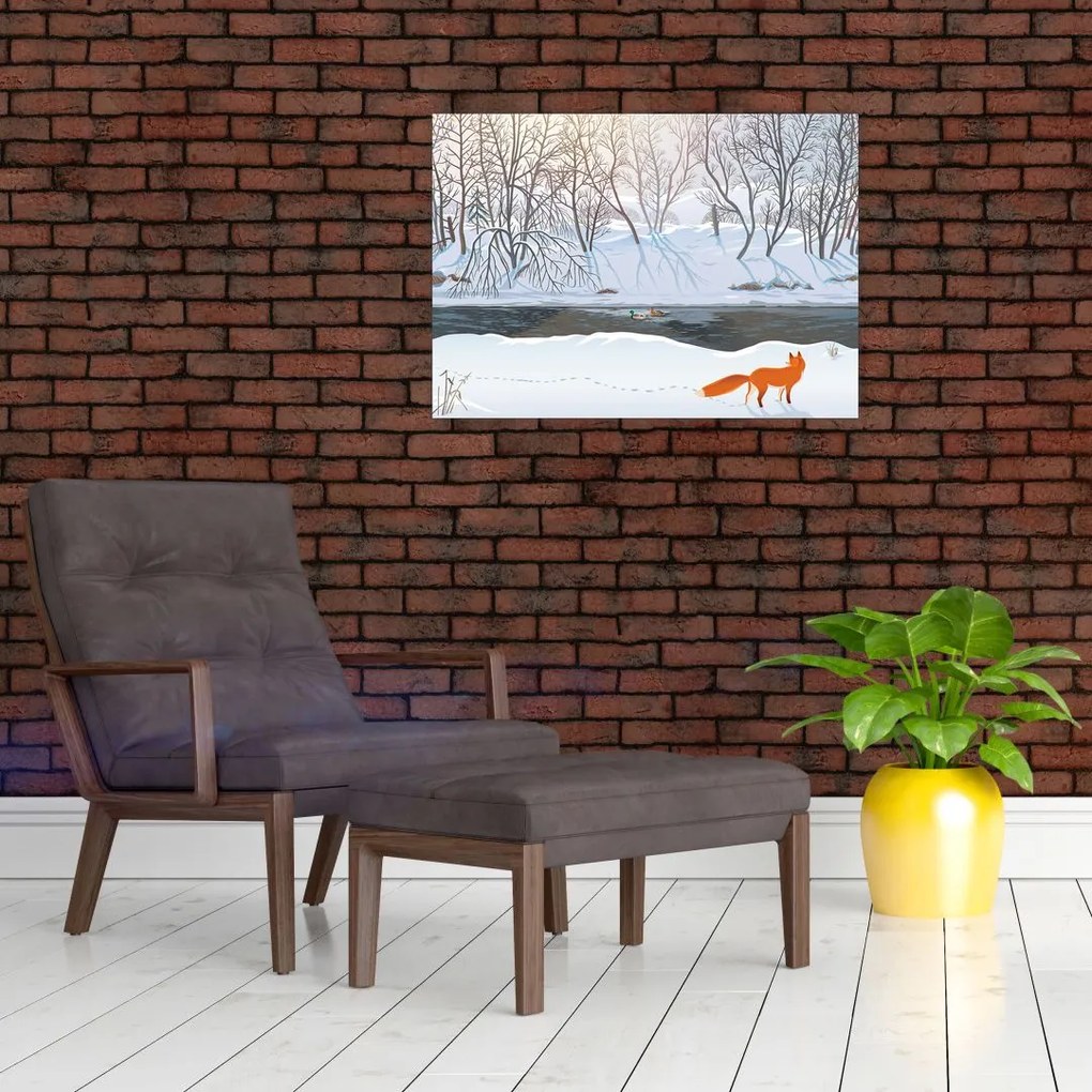 Tablou pe sticlă - Vulpe în peisaj de iarnă (70x50 cm)