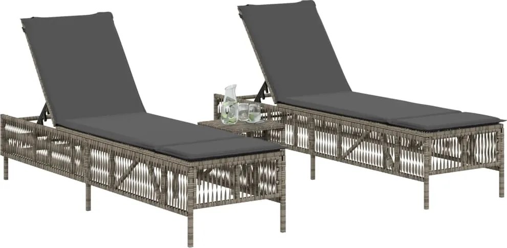 vidaXL Șezlonguri, 2 buc., cu masă, gri, poliratan