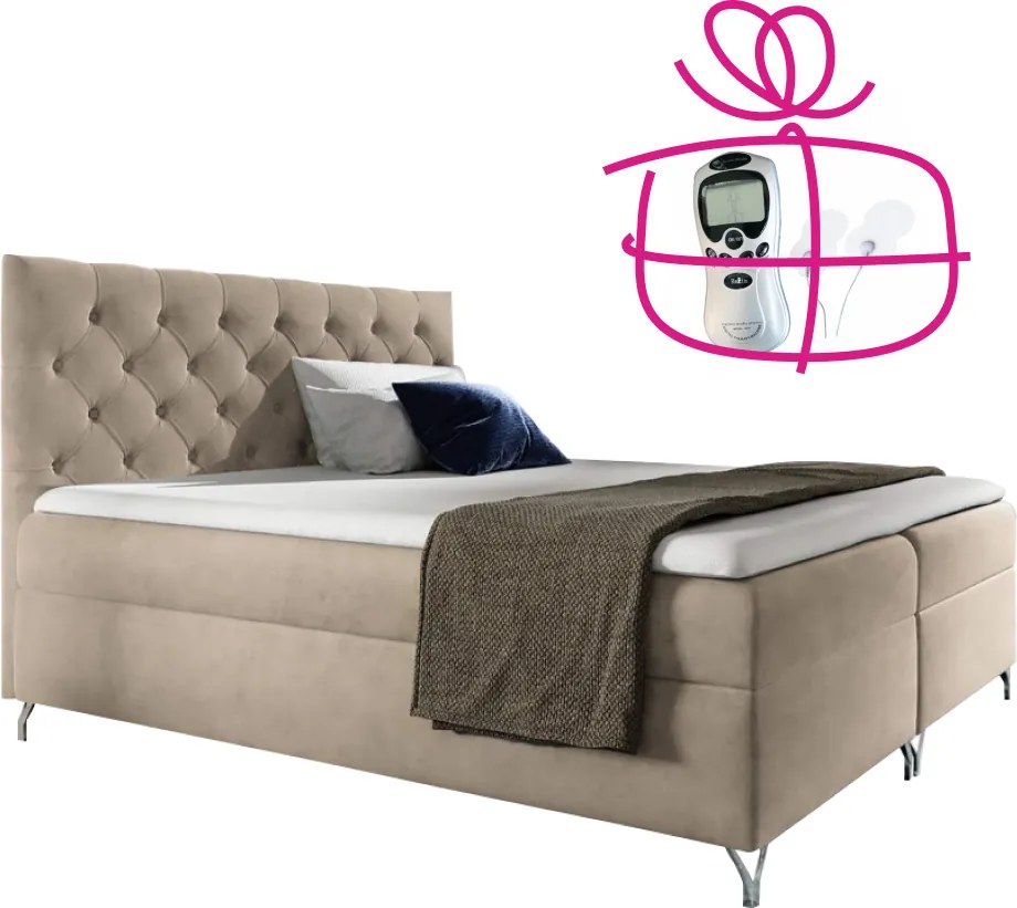 Pat cu boxspring, 200x200, ţesătură bej catifea, GULIETTE + cadou