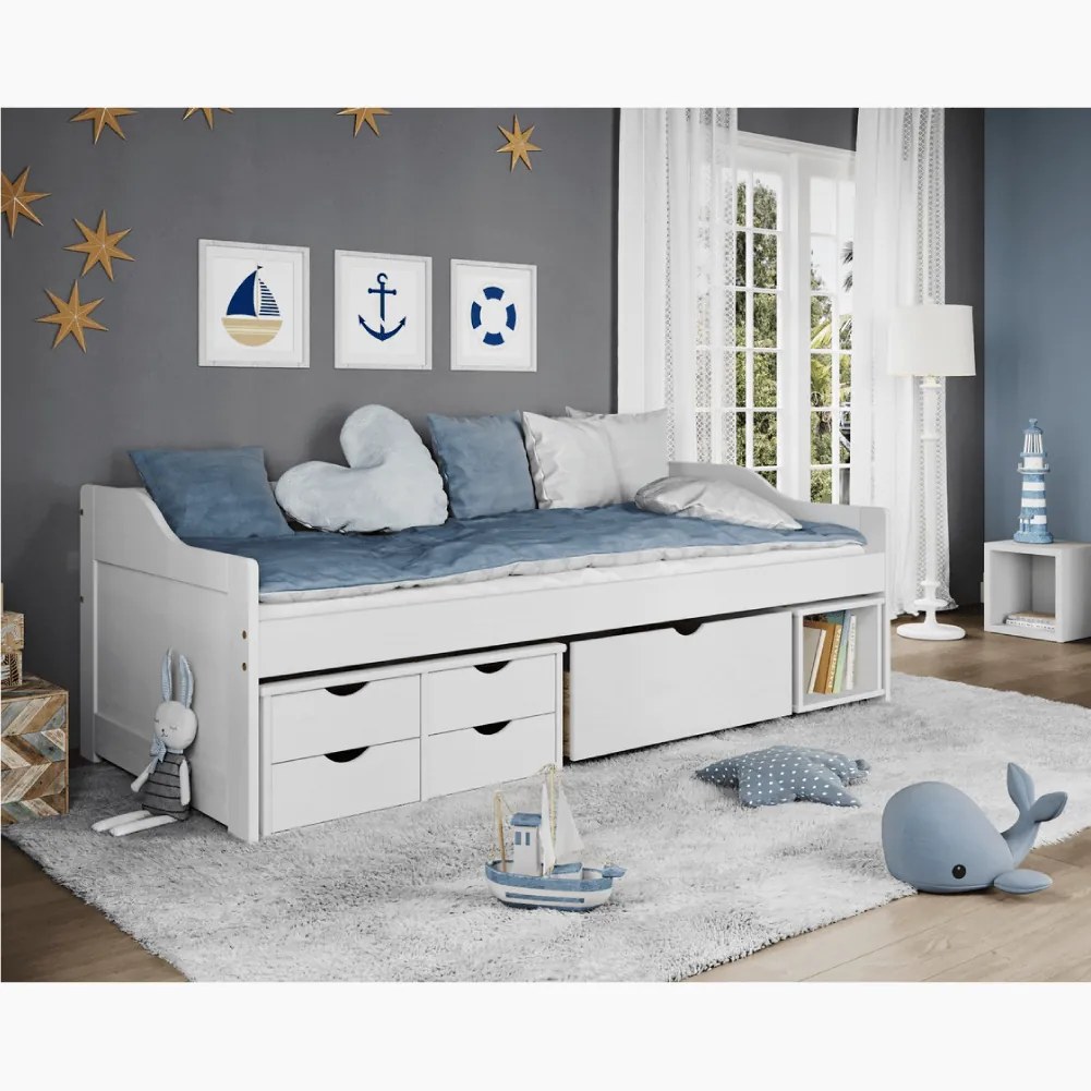 Pat cu spaţiu de depozitare, alb, lemn masiv, 90x200, MAXI NEW