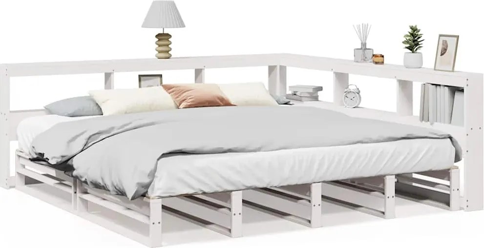 vidaXL Pat cu bibliotecă fără saltea, alb, 200x200 cm, lemn masiv pin