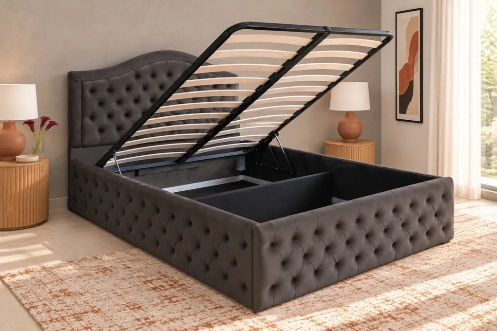 Pat tapițat Chesterfield din catifea Solaria Deluxe 140×200 cm, gri închis, cu ladă de depozitare