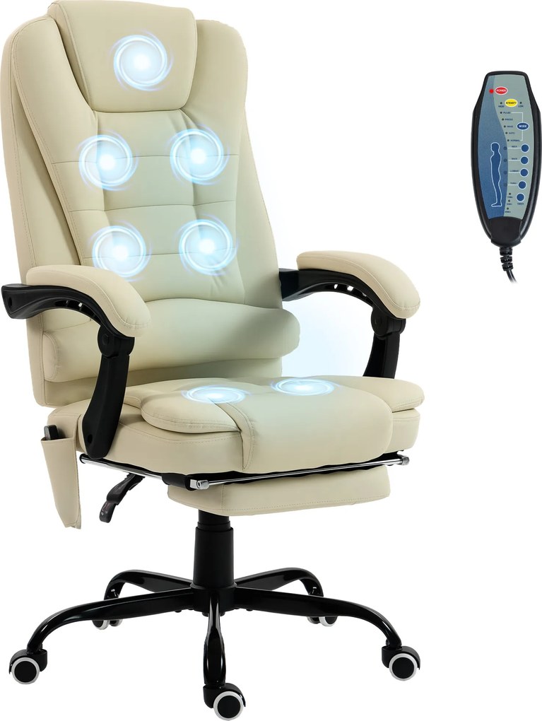 Vinsetto Fotoliu de birou cu masaj, scaun de birou cu înălțime reglabilă, spătar înclinat și telecomandă cu fir, bej | Aosom Romania