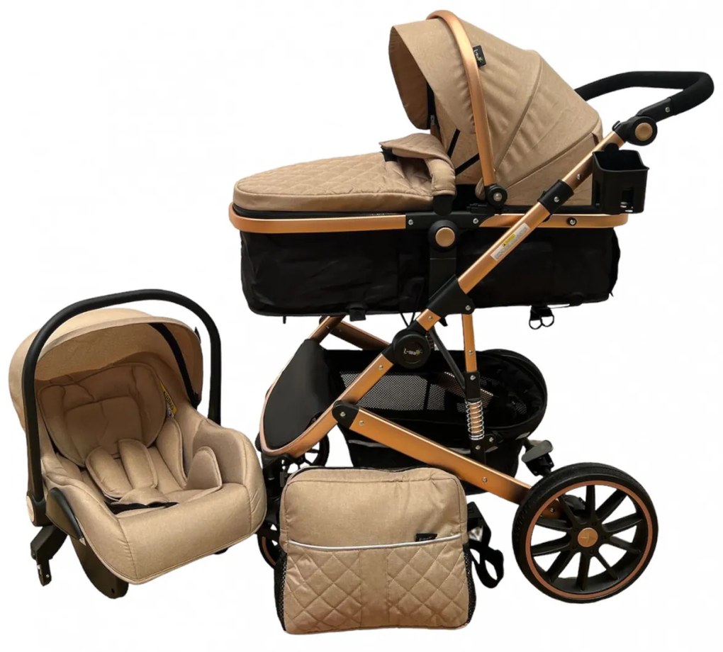 Carucior 3 in 1 cu scoica auto, transformabil, reversibil, cu roti cauciuc, 0-36 luni - CPC-37-crem