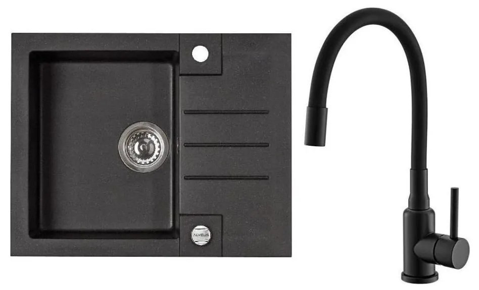 ALVEUS SETA23236 - Chiuvetă de bucătărie ROCK + baterie pentru chiuvetă MINTAS, 34 cm, granit, negru