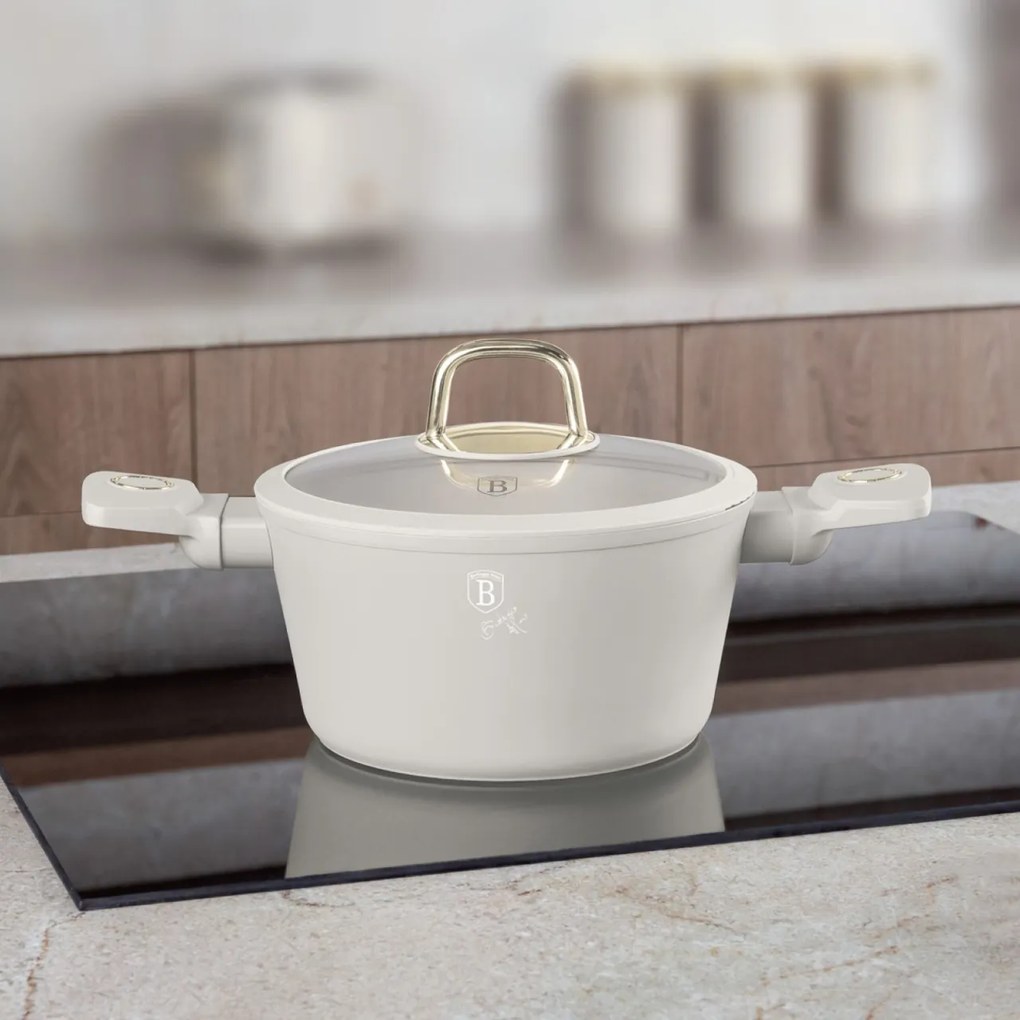 Oală cu capac 20 cm, 2.5L – Berlinger Haus Sahara Collection BH 8070, crem, cu strat antiaderent cu titan, pentru gătit zilnic