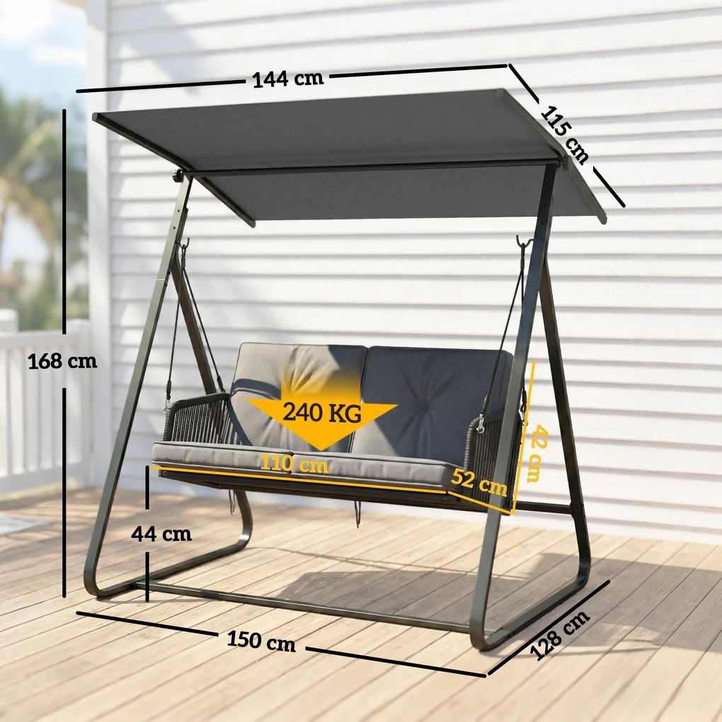 Outsunny Balansoar de grădină pentru 2 persoane din rășină împletită, leagăn exterior cu acoperiș reglabil și pernă groasă, gri | Aosom Romania