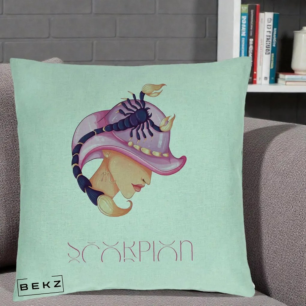 Perna Personalizata Zodiac Scorpion Cowgirl, 40x40 cm, Verde Menta, Husa Detasabila, Perna Inclusa, BEKZ®