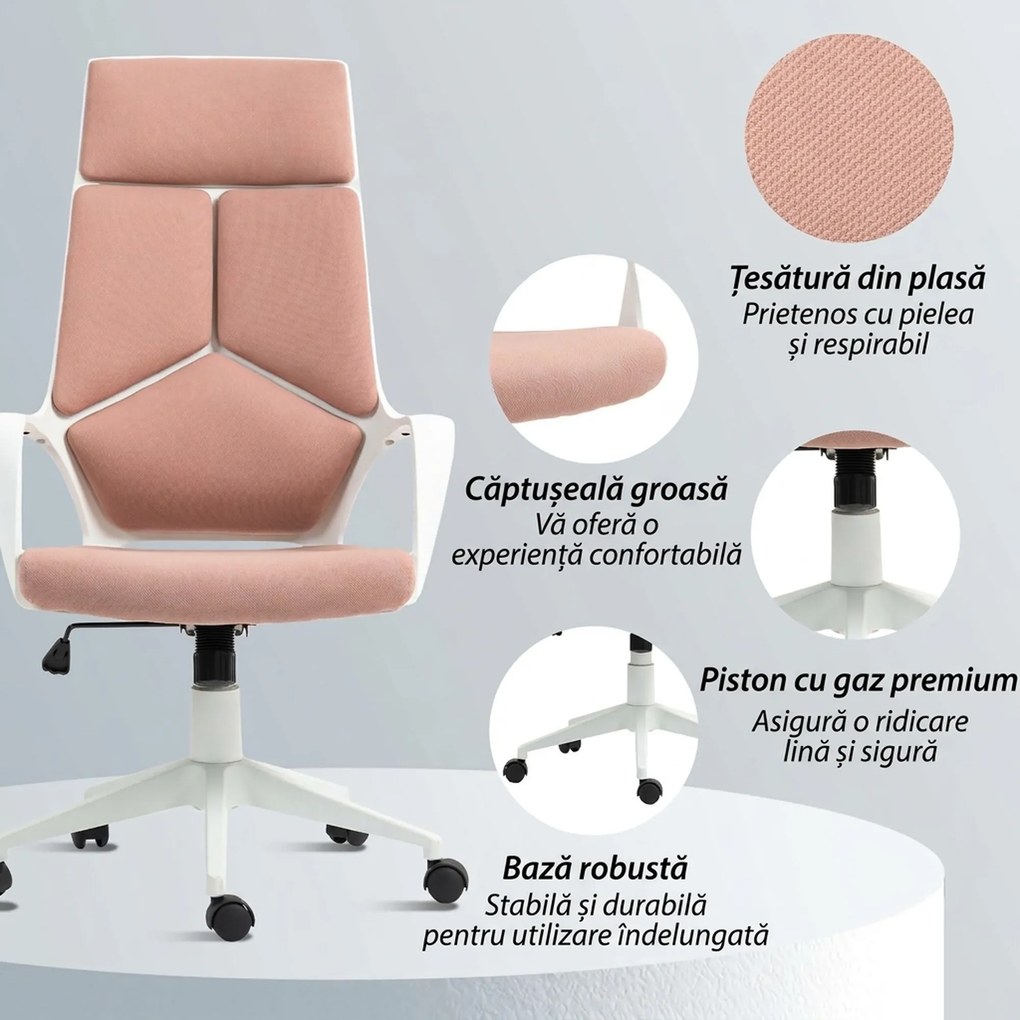 HOMCOM Scaun de Birou sau Gaming din Țesătură cu Spătar Înalt, Roz | Aosom Romania