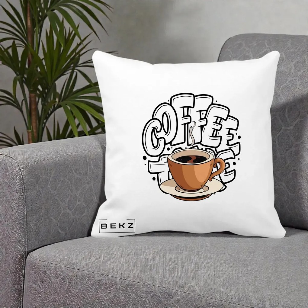 Perna Personalizata COFFEE cu Cana, 40x40 cm, Alba Mata, Husa Detasabila, Perna Inclusa, BEKZ®