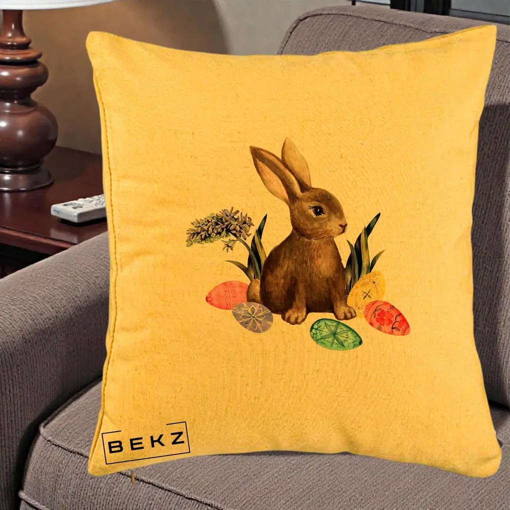 Perna Decorativa Iepuras cu Oua de Pasti Acuarela, 40x40 cm, Galben, Husa Detasabila, Perna Inclusa, BEKZ®