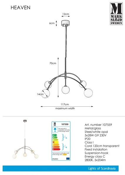 Markslöjd 107559 - Lustră pe cablu HEAVEN 5xG9/28W/230V