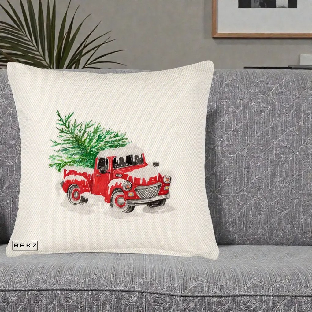 Perna Decorativa Camioneta Rosie Brad de Craciun, 40x40 cm, Crem Reliefat, Husa Detasabila, Perna Inclusa, BEKZ®