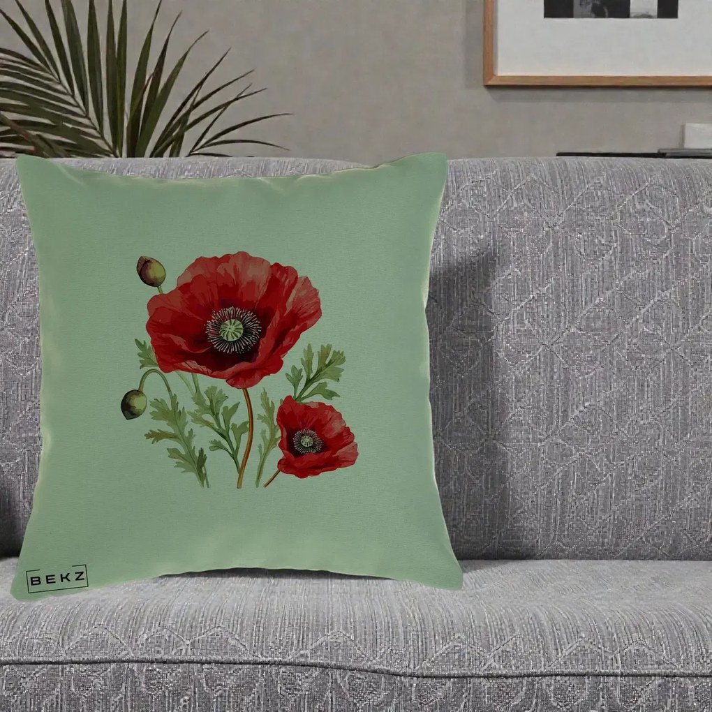 Perna Decorativa Maci Rosii Acuarela, 40x40 cm, Verde, Husa Detasabila, Perna Inclusa, BEKZ®