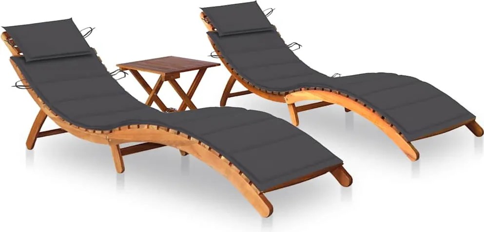 vidaXL Șezlonguri, 2 buc., cu masă și perne, lemn masiv de acacia