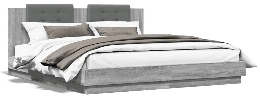3209994 vidaXL Cadru de pat cu tăblie și lumini LED, gri sonoma, 180x200 cm