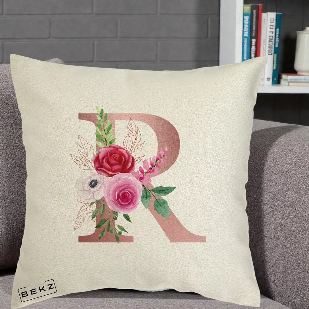 Cadou Personalizat - Perna Personalizata Monograma Rose Gold Litera R, 40x40 cm, Ecru, Husa Detasabila, Perna Inclusa, BEKZ®