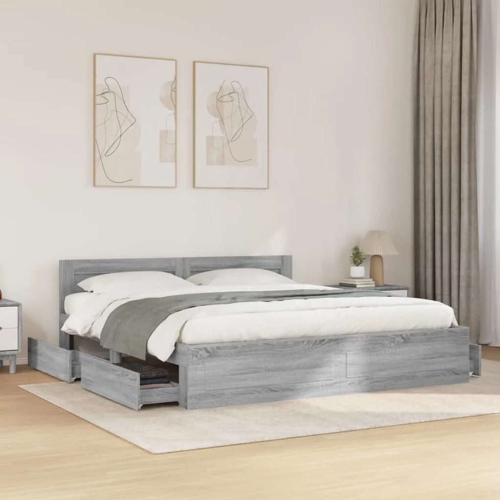 vidaXL Cadru de pat cu tăblie gri sonoma 200x200 cm lemn prelucrat