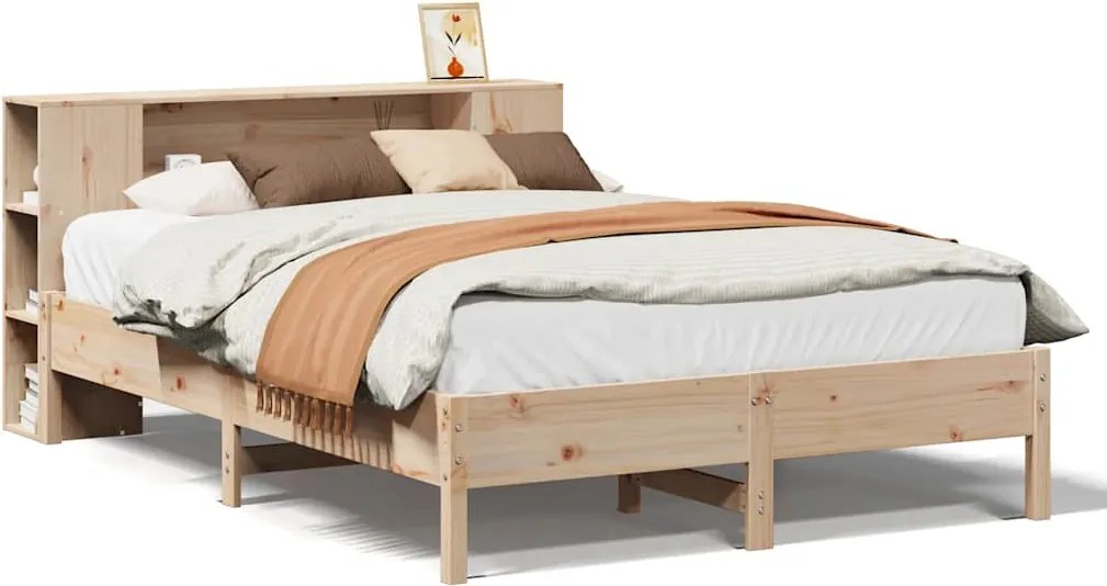 vidaXL Pat cu bibliotecă fără saltea, 135x190 cm, lemn masiv de pin
