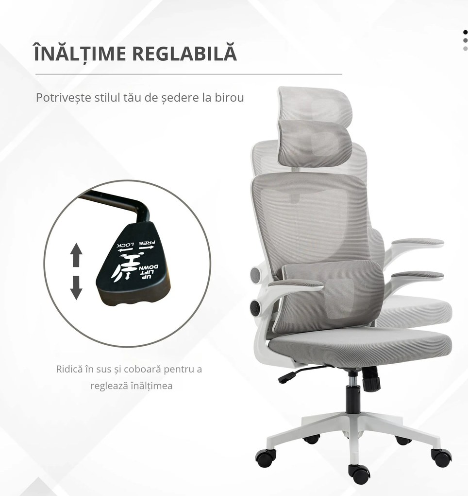 Vinsetto Scaun Birou Spătar Înalt din Plasă pentru Calculator cu Tetiera Reglabilă Suport Lombar Gri | Aosom Romania