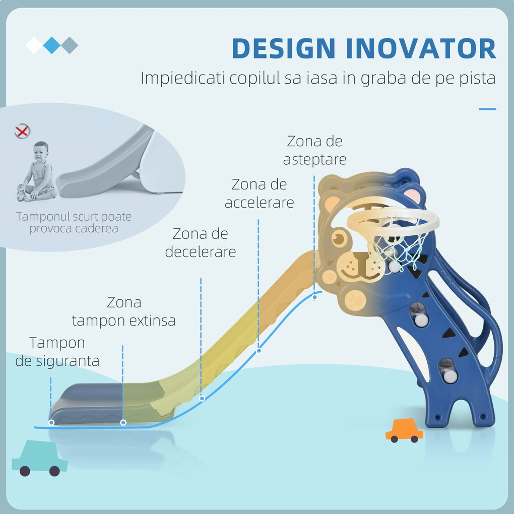 AIYAPLAY Tobogan din Plastic de Interior 2 în 1 pentru Copii cu Coș de Baschet, 70x133x60 cm, Albastru  | Aosom Romania