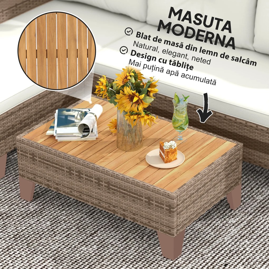 Outsunny Set de Mobilier de Grădină din 3 Piese cu Canapea, Șezlong și Măsuță de Cafea, 128x66x66 cm, Kaki | Aosom Romania