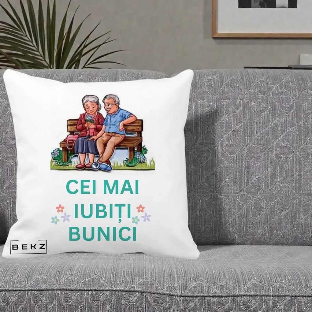 Cadou pentru Bunici - Perna Personalizata Cei Mai Iubiti Bunici Cuplu pe Banca Ilustratie, 40x40 cm, Alba Mata, Husa Detasabila, Perna Inclusa, BEKZ®