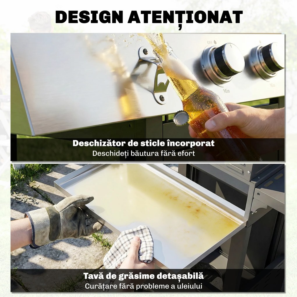 Outsunny Grătar pe Gaz, 3 Arzătoare, Arzător Lateral, Grătare din Fontă, Rafturi Laterale Incluse. | Aosom Romania