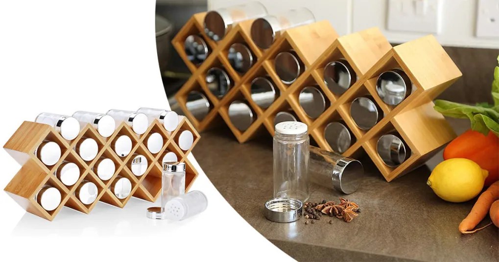 Suport pentru condimente din bambus, cu 18 piese