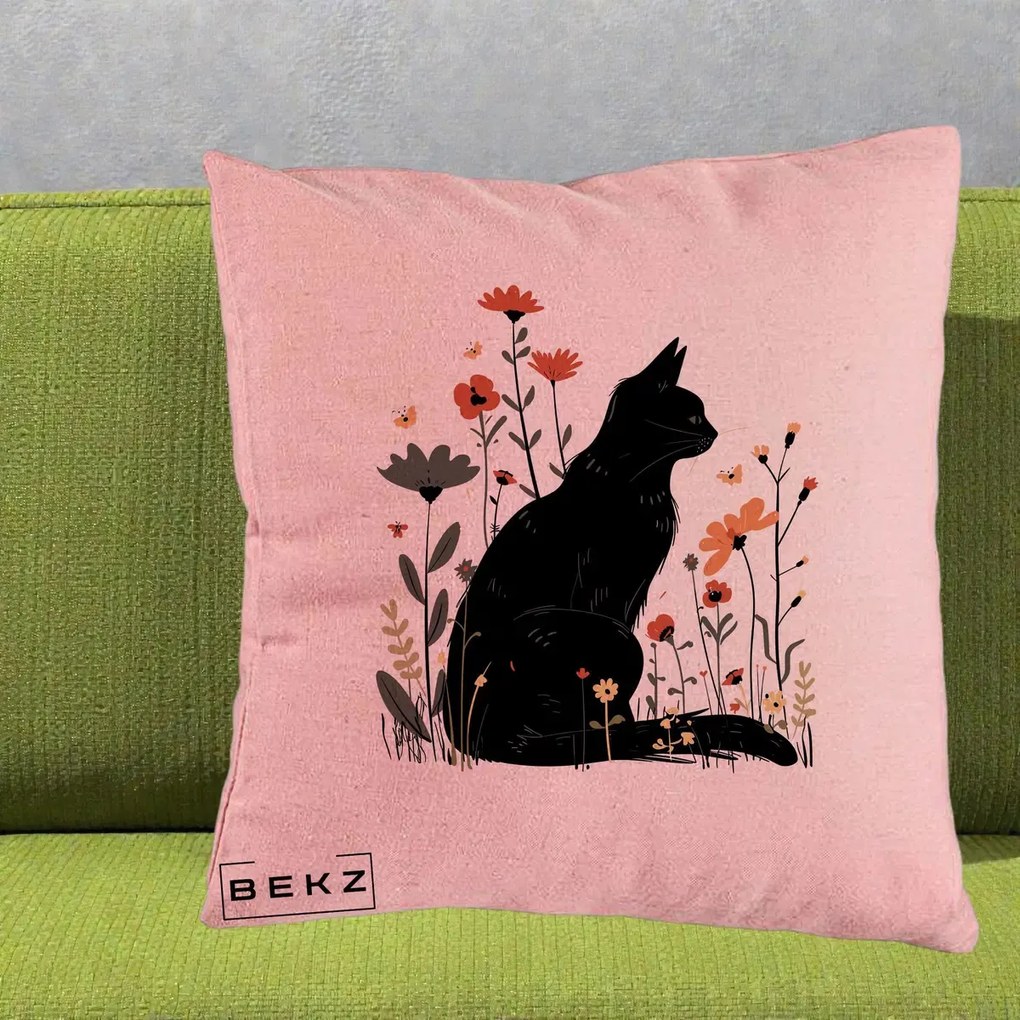 Perna Decorativa Pisica Neagra Profil Flori Portocalii, 40x40 cm, Roz, Husa Detasabila, Perna Inclusa, BEKZ®