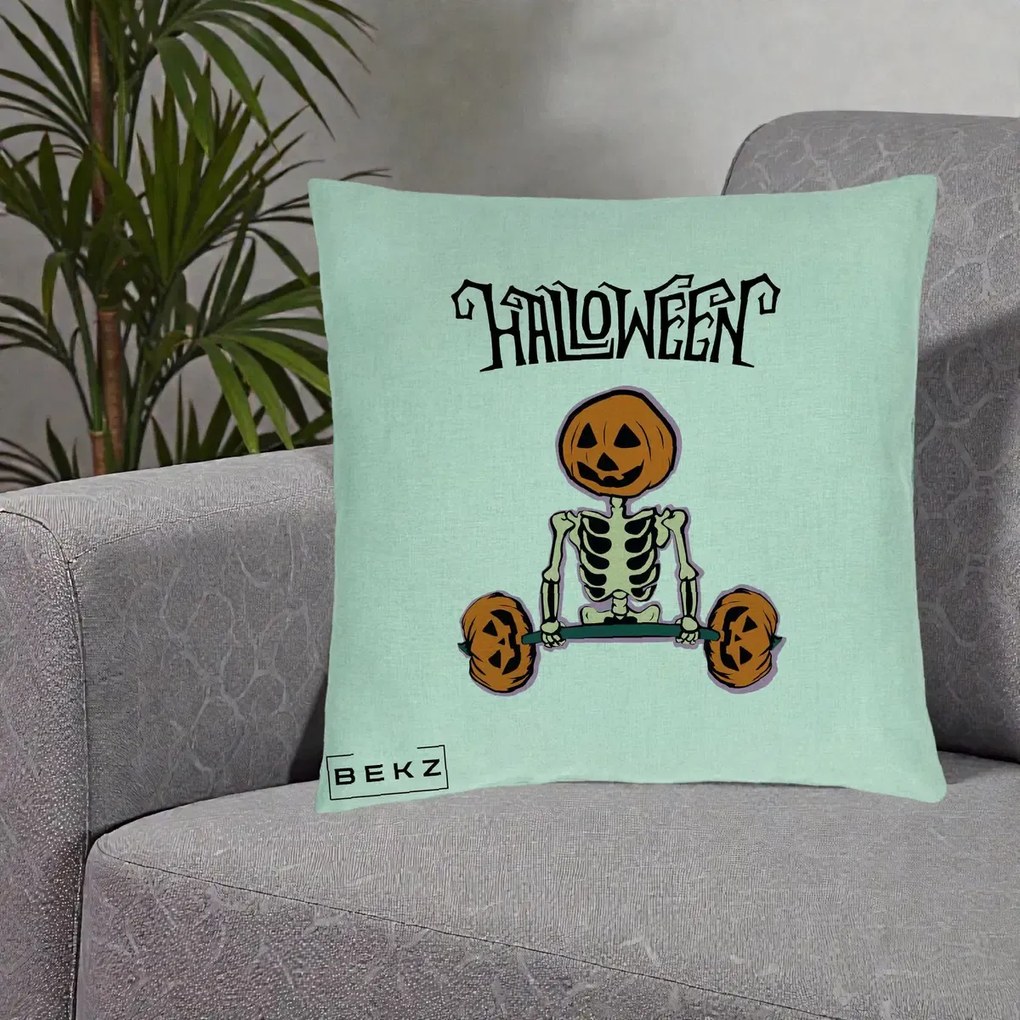 Perna Decorativa Halloween Schelet cu Cap de Dovleac Powerlifting, 40x40 cm, Verde Menta, Husa Detasabila, Perna Inclusa, BEKZ®