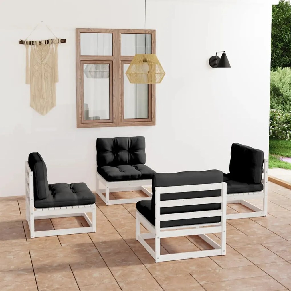 Set mobilier de gradina cu perne, 4 piese, lemn masiv de pin Alb, 1, Da