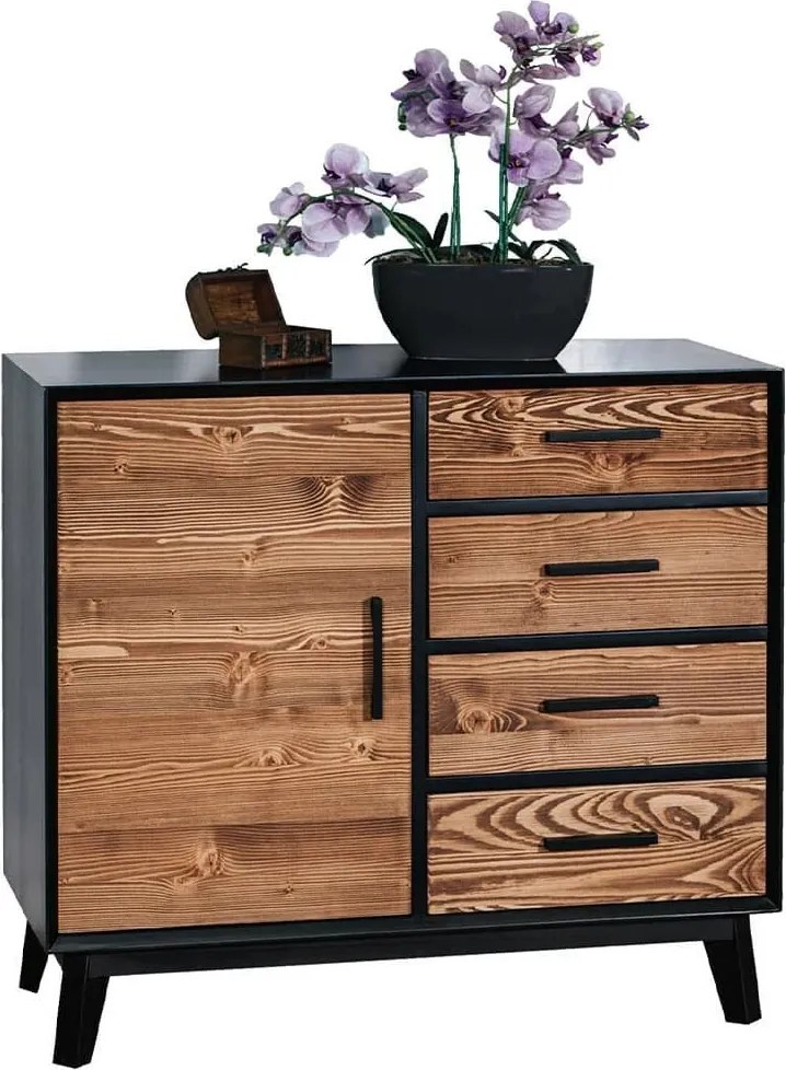 Comodă lemn masiv Timeless 4 Sertare 1 Ușă Negru, 98 × 45 × 85 cm