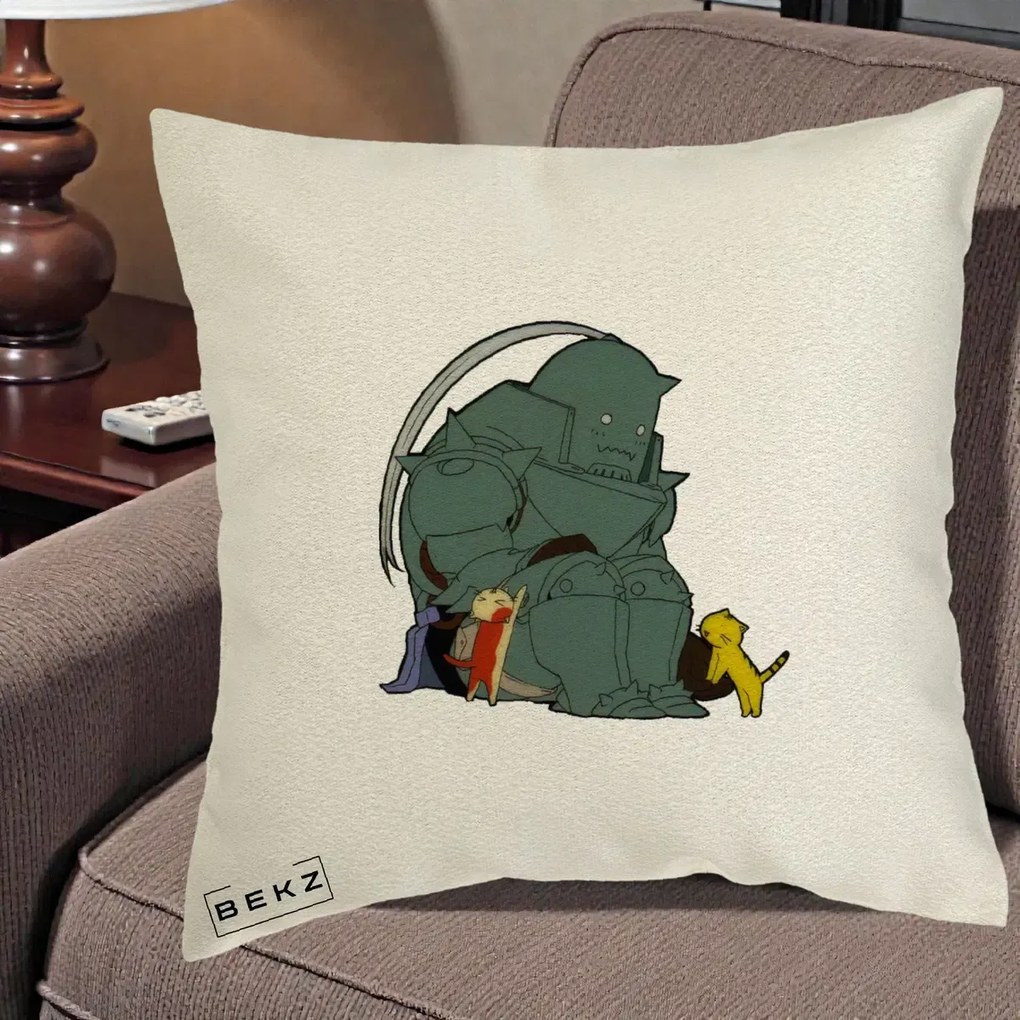 Perna Personalizata Fullmetal Alchemist Alphonse cu Pisici, 40x40 cm, Ecru, Husa Detasabila, Perna Inclusa, BEKZ®
