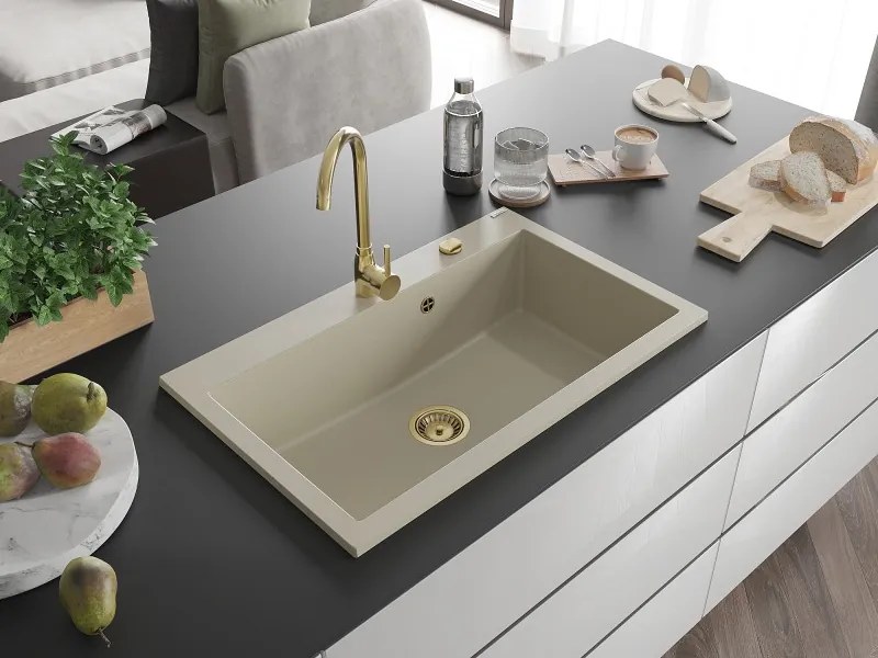 Mexen Elix chiuvetă de bucătărie din granit cu 1 compartiment 800 x 500 mm, bej, sifon aurit - 6527801005-69-G