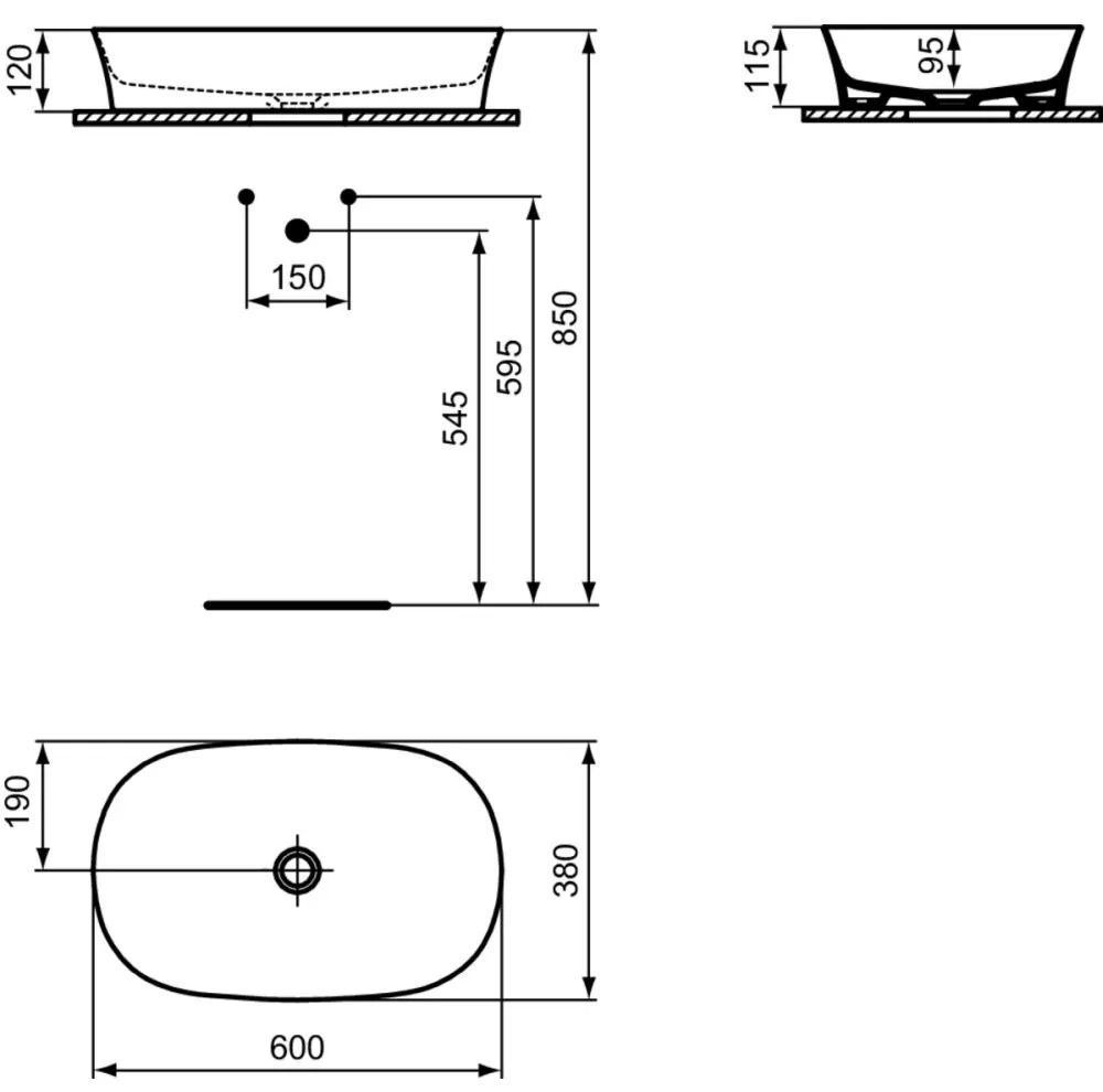 Lavoar pe blat maro lucios 60 cm, oval, fara preaplin, Ideal Standard Ipalyss Maro lucios