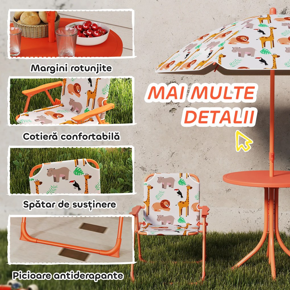 AIYAPLAY Set de Grădină pentru Copii, Masă și Scaune cu Umbrelă, Masă de Picnic pentru Exterior cu 2 Scaune Pliabile pentru Copii de 2-5 Ani, Portocaliu | Aosom Romania