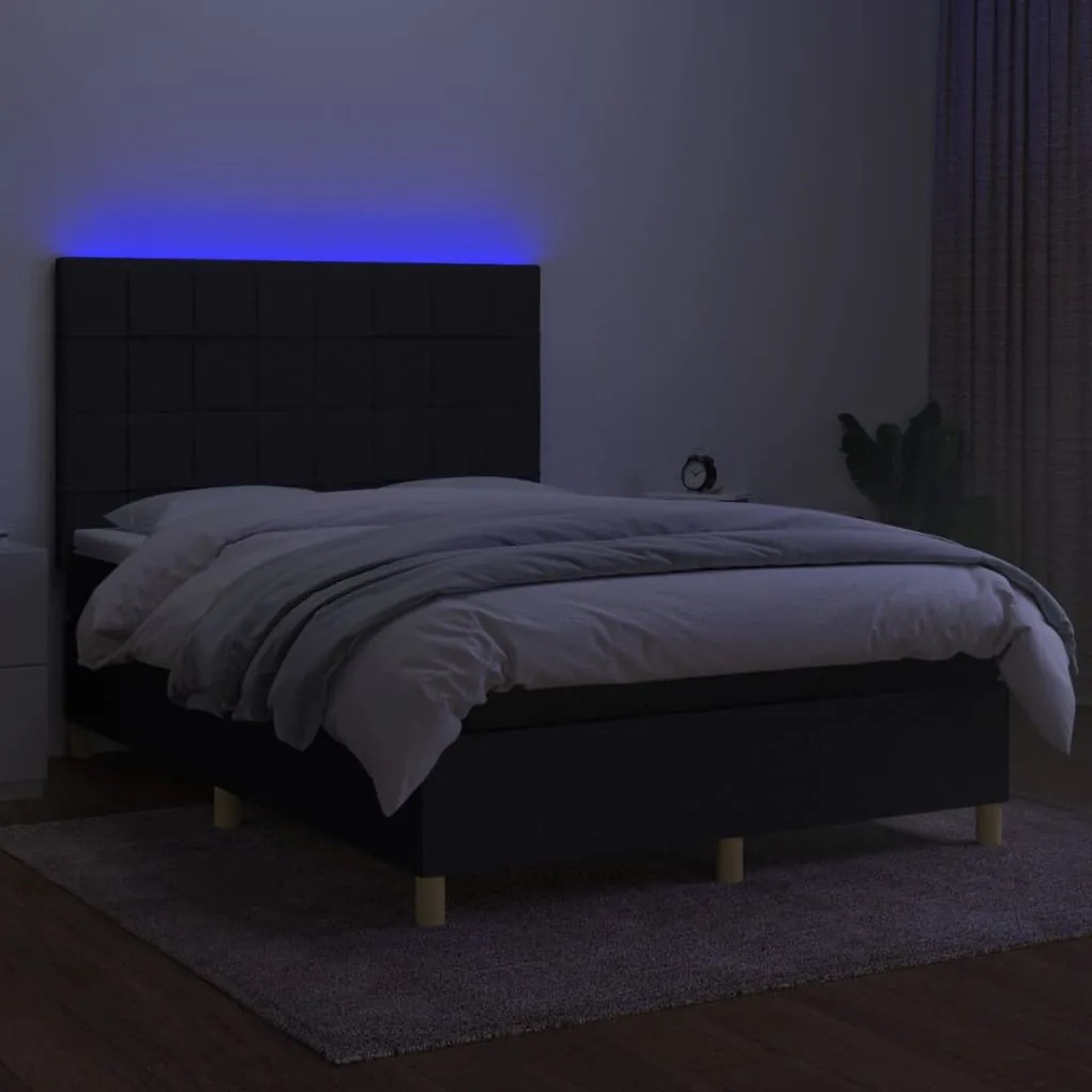 Pat cu arcuri, saltea si LED, negru, 140x190 cm, textil Negru, 140 x 190 cm, Cu blocuri patrate