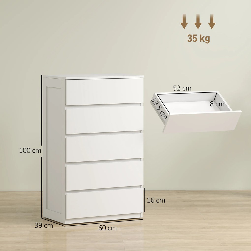 HOMCOM Dulap cu 5 Sertare pentru Dormitor, Dulap Depozitare cu Glisiere Metalice și Canelură, Cufăr Alb, Ideal pentru Spațiu și Stil | Aosom România