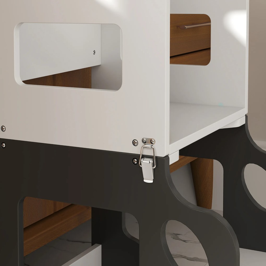 AIYAPLAY Scara Montessori 4 în 1 pentru Copii cu 2 Table și Set Masă și Scaun, din Lemn, 58x46x92 cm, Alb | Aosom Romania