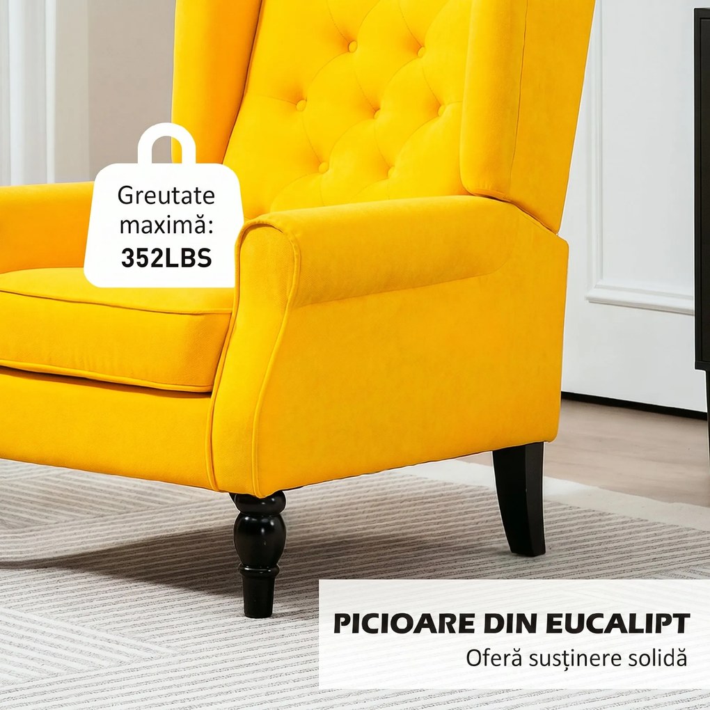HOMCOM Fotoliu pentru Dormitor în Stil Francez cu Șezut Generos și Picioare din Lemn pentru Living și Birou, Galben | Aosom Romania
